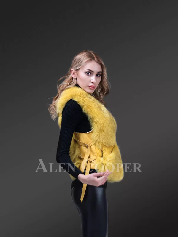 Sleeveless Fox Fur Womens Vest in Yellow- Glamorizing the Wintry Mood - Image 3