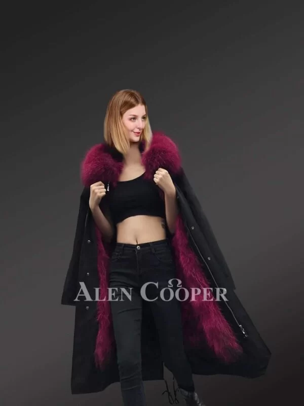 Women’s Solid Long Black Parka with Maroon Raccoon Fur Hood - Image 2