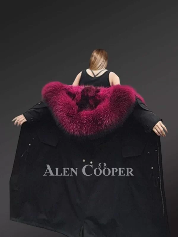 Women’s Solid Long Black Parka with Maroon Raccoon Fur Hood - Image 6