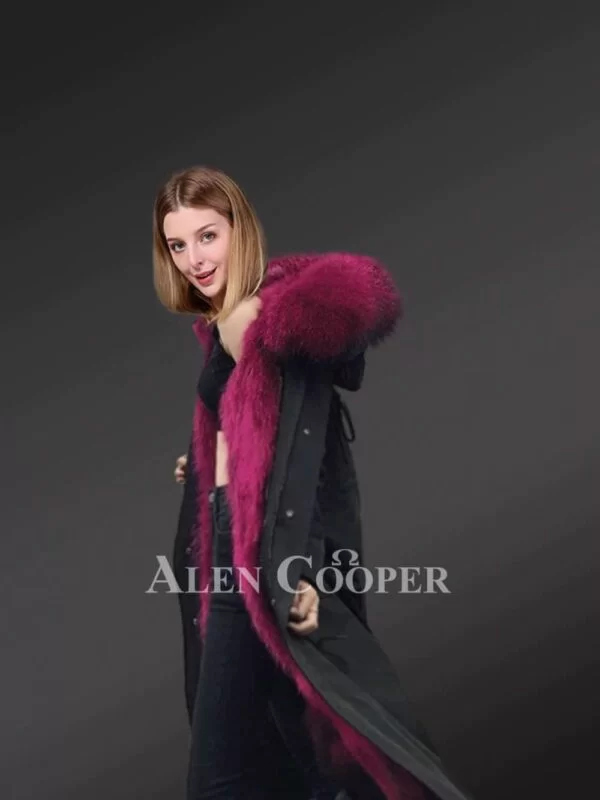 Women’s Solid Long Black Parka with Maroon Raccoon Fur Hood - Image 5