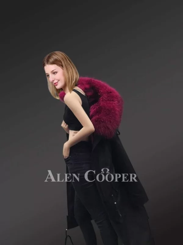 Women’s Solid Long Black Parka with Maroon Raccoon Fur Hood - Image 4