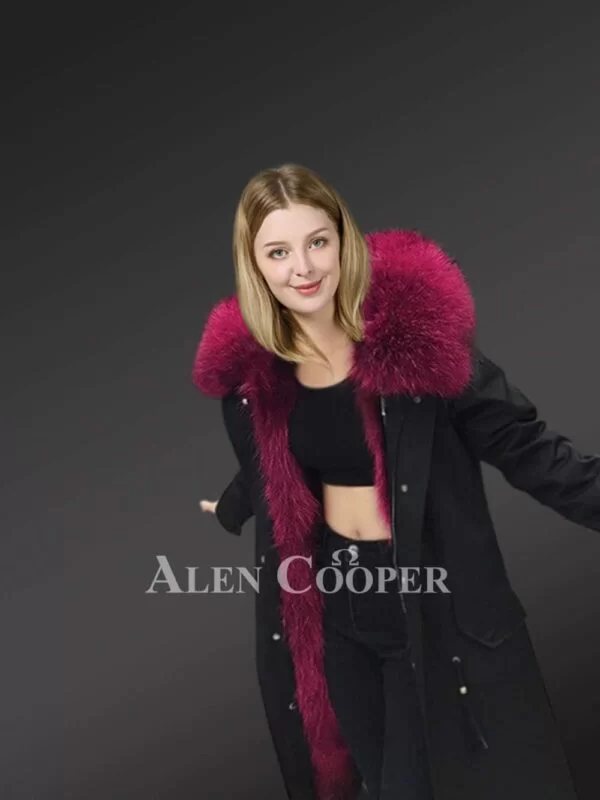 Women’s Solid Long Black Parka with Maroon Raccoon Fur Hood - Image 3