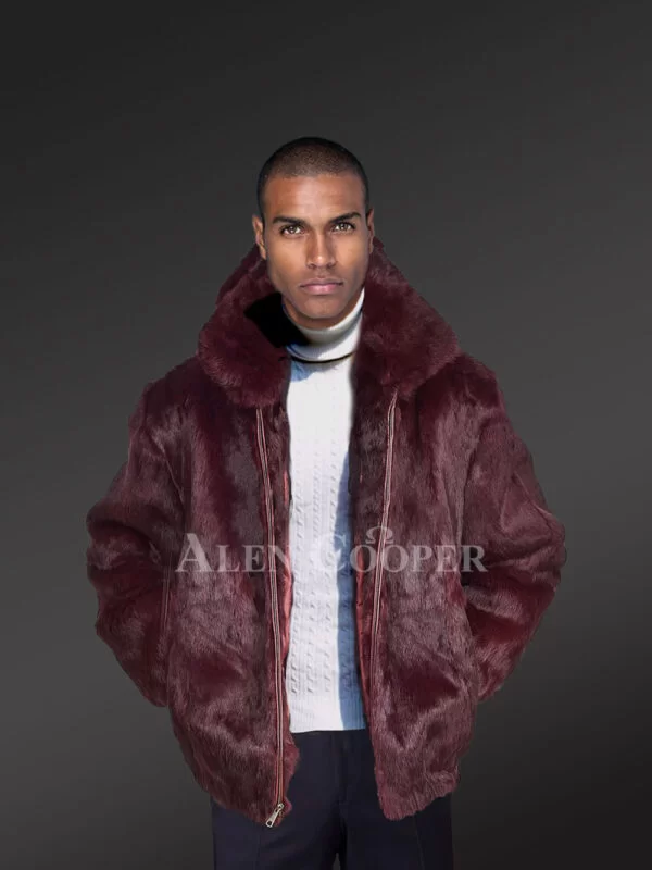 Rabbit Fur Bomber Jacket Men with Detachable Hood - Image 3
