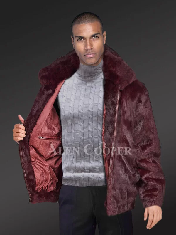 Rabbit Fur Bomber Jacket Men with Detachable Hood - Image 5