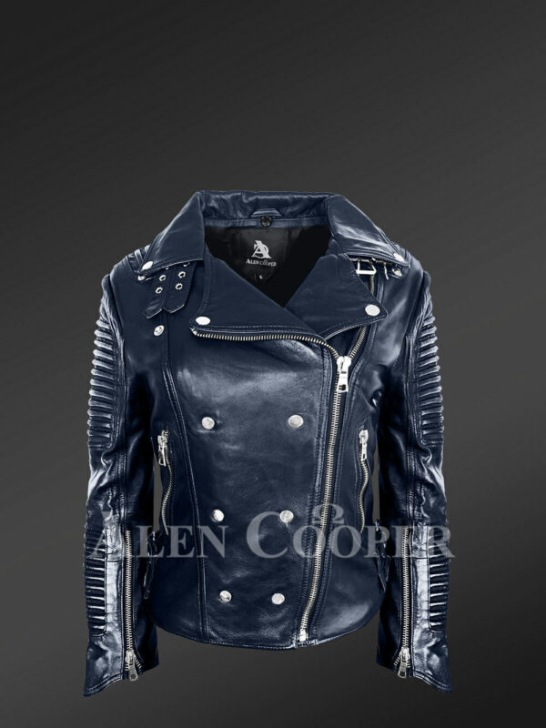 Women's Hand-Made Navy Italian-Finish Biker Jacket with Detachable Black Fox Fur Collar - Image 4
