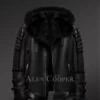 Authentic B-3 Shearling Bomber Jacket Coat with Black Fox Fur & Hood. Classic Men's Shearling Bomber Jacket Coat in Black