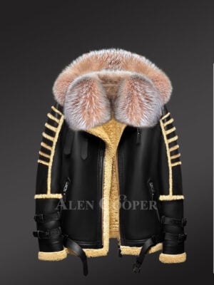 Authentic Black Shearling Jacket with Crystal Fox Fur and Hood