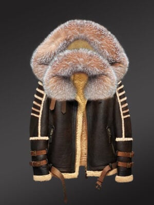 Authentic Coffee Shearling Jacket with Crystal Fox Fur and Hood