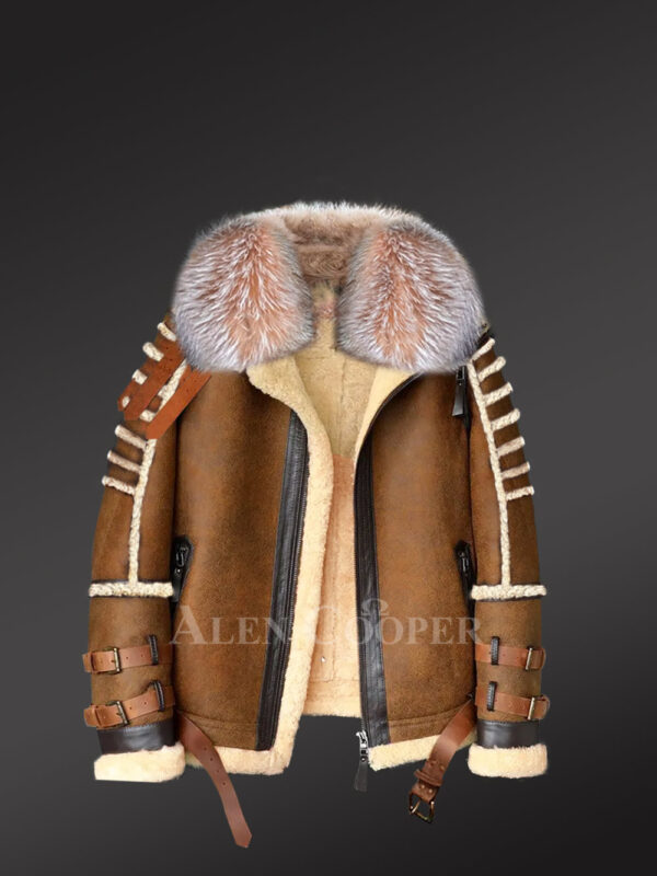 Authentic Tan Shearling Jacket with Crystal Fox Fur