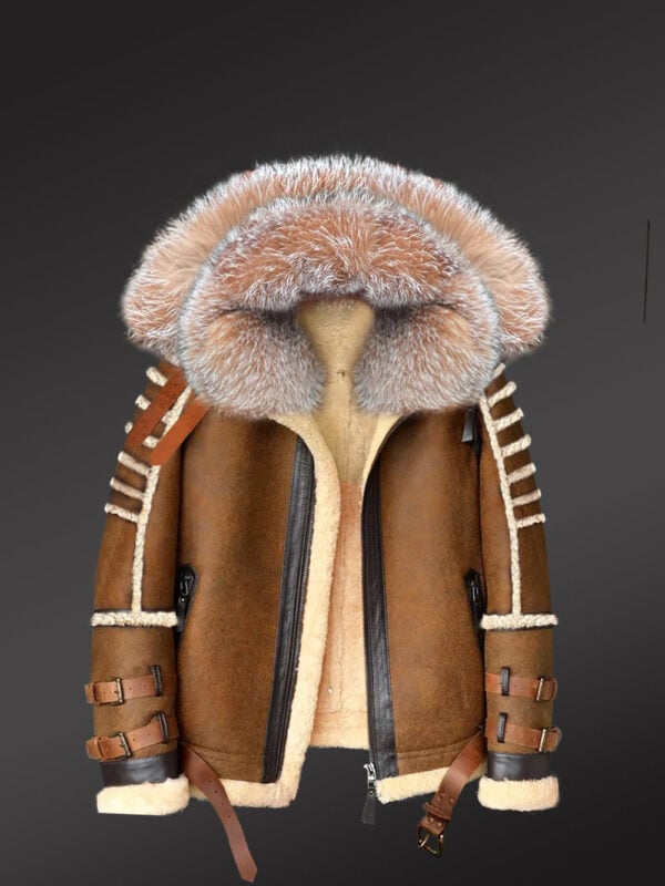 Classic Sheepskin Bomber Jacket with Detachable Hood - Image 3