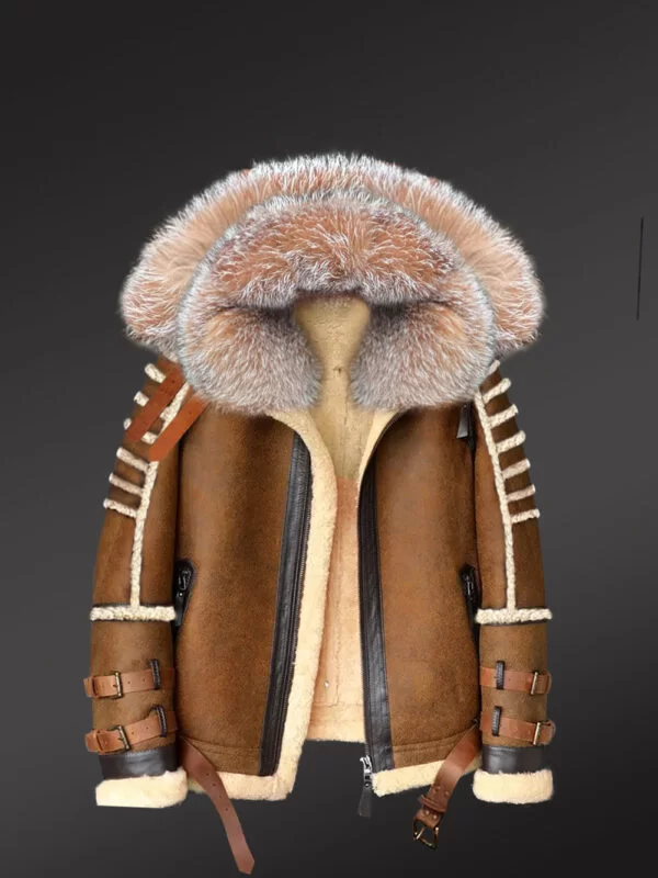 Classic Sheepskin Bomber Jacket with Detachable Hood - Image 3