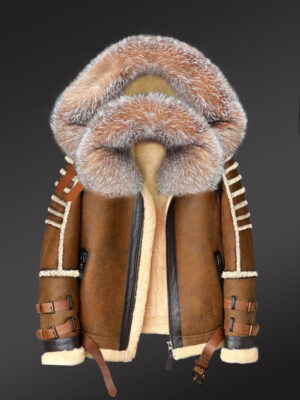 Authentic Tan Shearling Jacket with Crystal Fox Fur and Hood for men