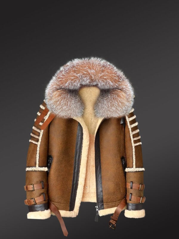 Classic Sheepskin Bomber Jacket with Detachable Hood - Image 4
