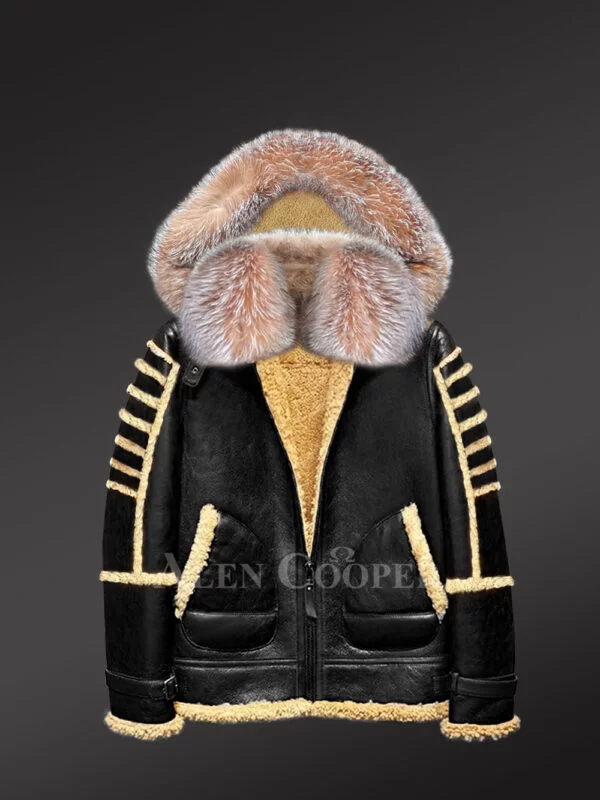 Black Shearling Jacket with Premium Crystal Fox Fur and Hood - Image 4