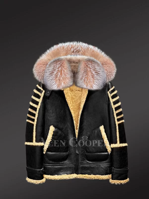 Black Shearling Jacket with Premium Crystal Fox Fur and Hood - Image 3