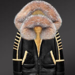 Black Shearling Jacket with Premium Crystal Fox Fur and with Hood view