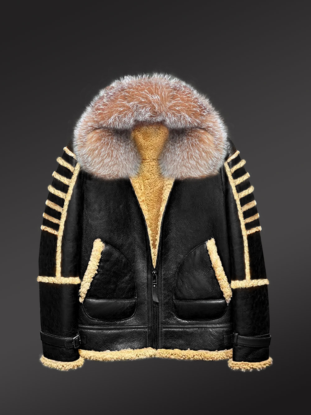 Black Shearling Jacket with Premium Crystal Fox Fur and Hood - Image 5