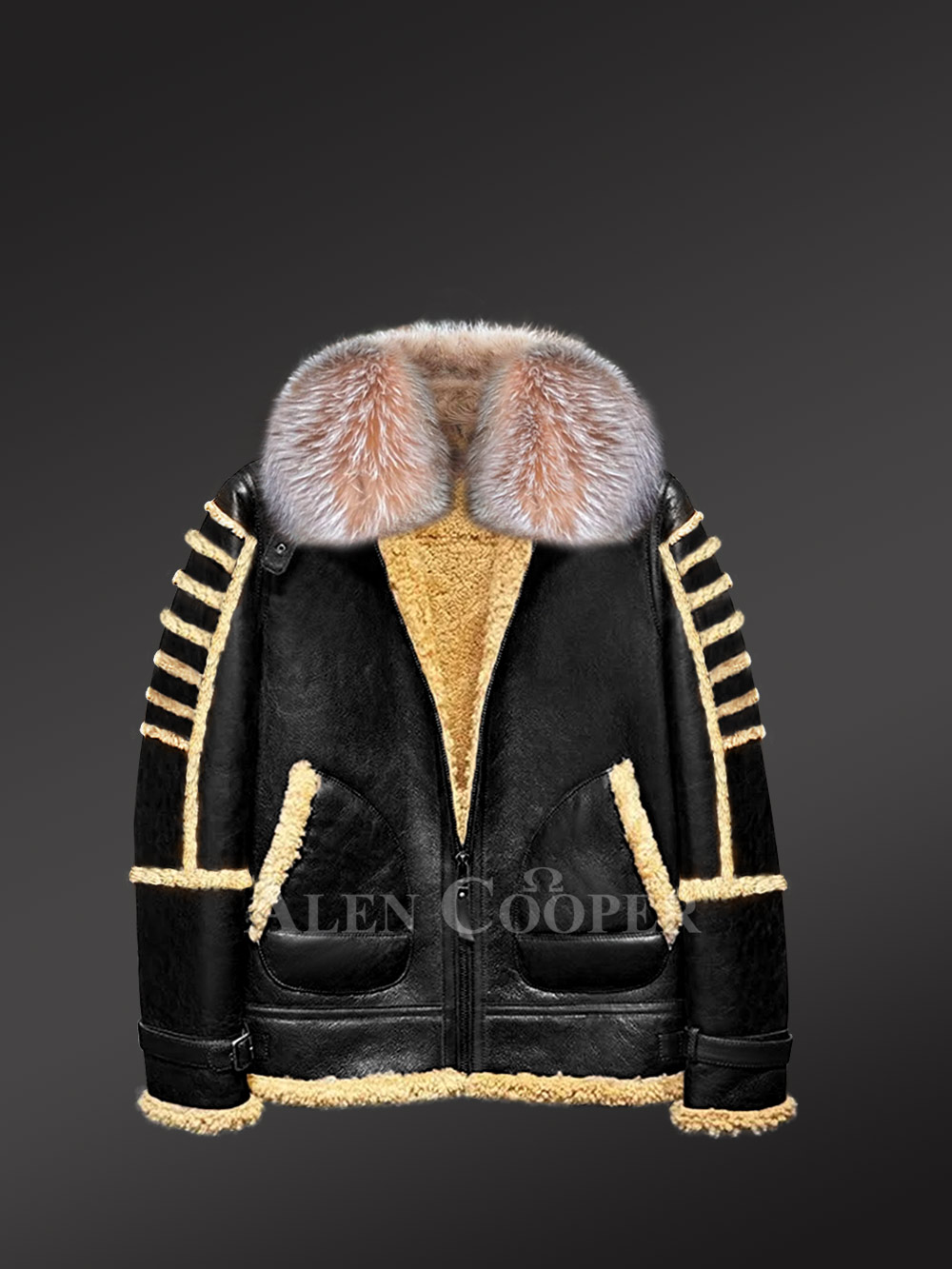 Black Shearling Jacket with Premium Crystal Fox Fur and Hood - Image 6