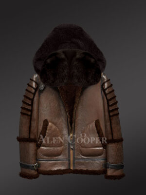 Handmade Original Shearling Jackets Redefine Masculinity with Coffee fox fur and Hood