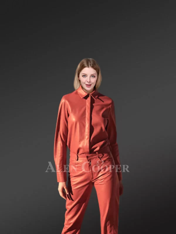 Leather Shirt for Women in Peach with a Casual yet Classy Look - Image 2