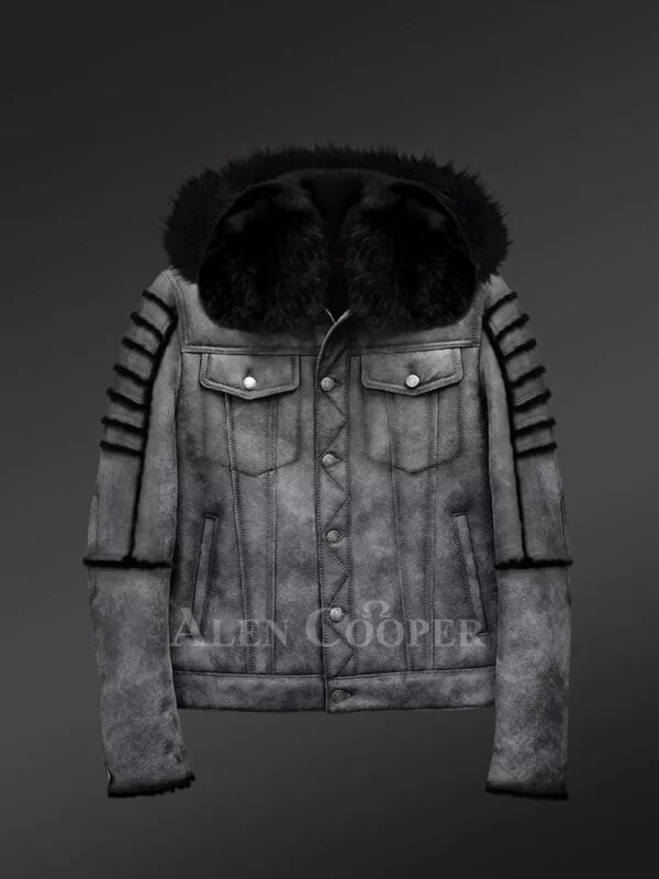 Men’s Shearling Coat in Grey With Black fox fur and Hood - Image 2