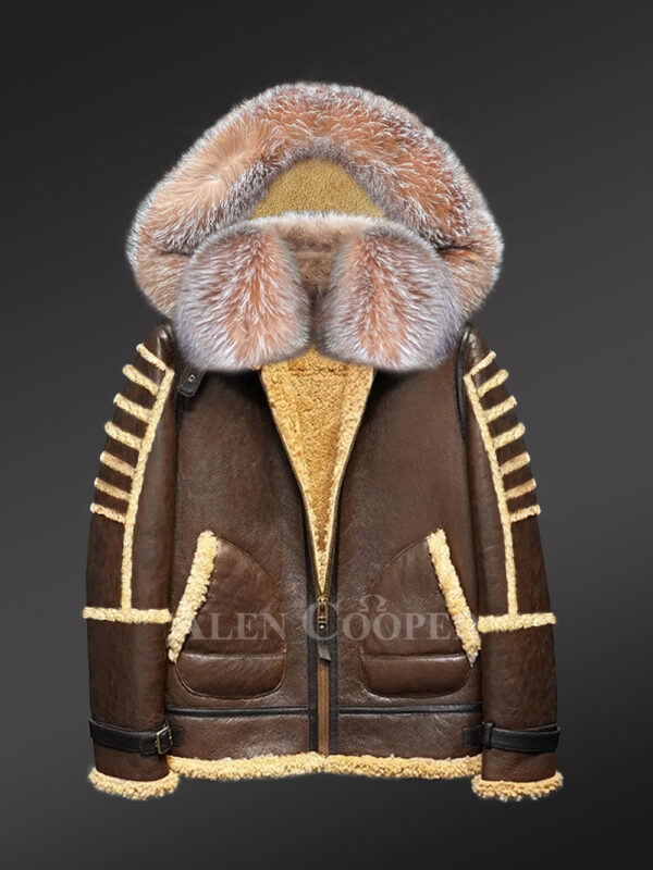 Shearling Bomber Jacket with Hood is made of Premium Crystal Fox Fur trims. This B-3 Shearling Leather Coat Jacket Bomber is on Sale