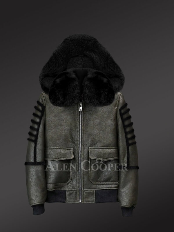 Shearling Army Green Jacket with Black fox and Hood