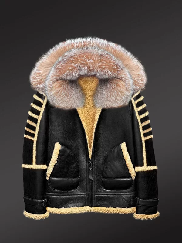 Black Shearling Jacket with Premium Crystal Fox Fur and Hood - Image 2