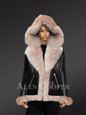 Women Shearling Coat with Fur Hood from Alen Cooper, made from sheepskin shearling in black, is a premium quality winter Shearling Coat Jacket