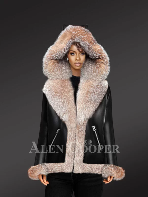 Women Shearling Coat with Fur Hood from Alen Cooper, made from sheepskin shearling in black, is a premium quality winter Shearling Coat Jacket