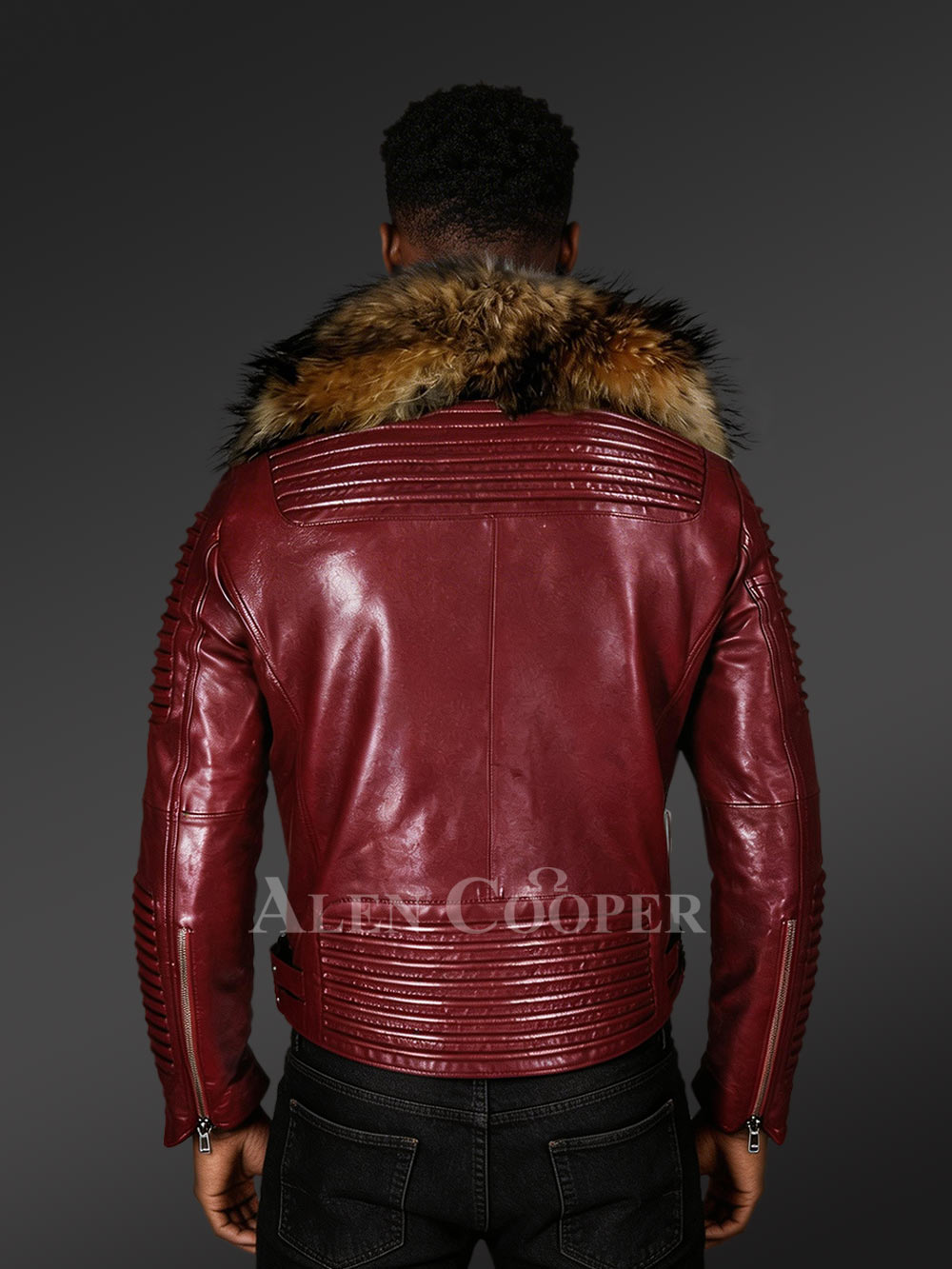 Biker Jacket with Raccoon Lapel in Wine Red – Fascinating Looks Guaranteed - Image 4