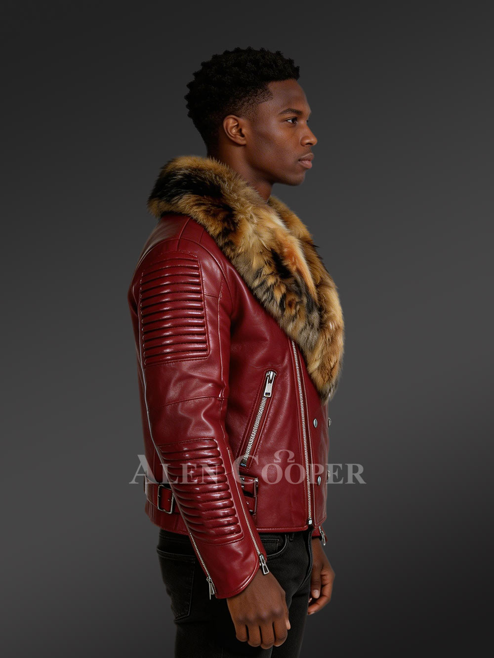 Biker Jacket with Raccoon Lapel in Wine Red – Fascinating Looks Guaranteed - Image 3