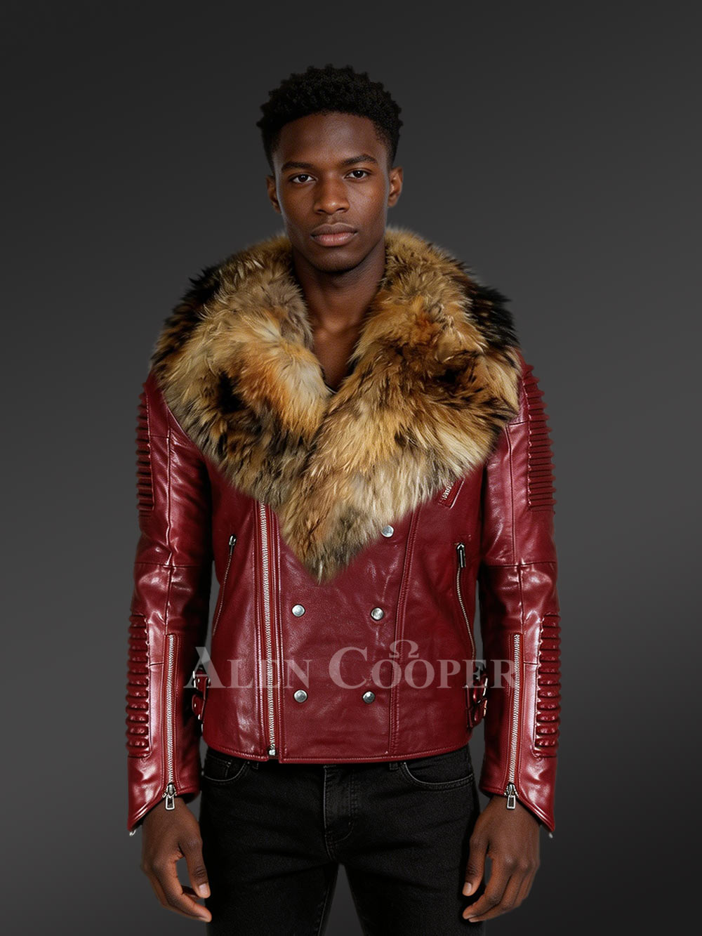 Biker Jacket with Raccoon Lapel in Wine Red – Fascinating Looks Guaranteed
