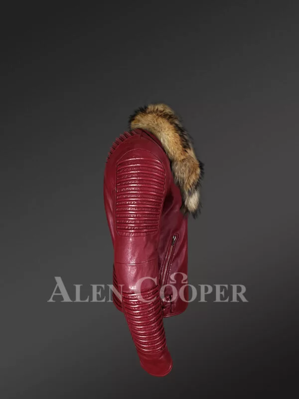 Biker Jacket with Raccoon Lapel in Wine Red – Fascinating Looks Guaranteed - Image 3
