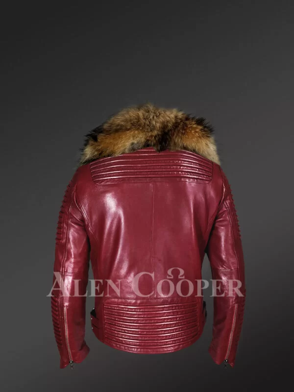 Biker Jacket with Raccoon Lapel in Wine Red – Fascinating Looks Guaranteed - Image 4