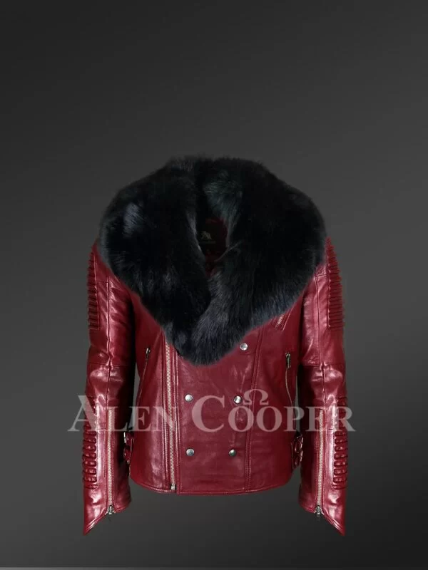 Wine Leather Moto Jacket With Fox Fur Collar - Image 3