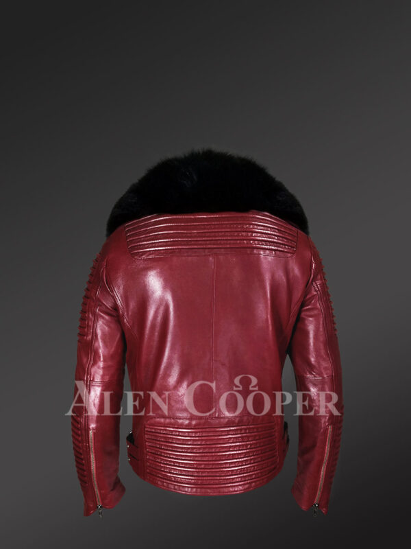 Wine Leather Moto Jacket With Fox Fur Collar - Image 5