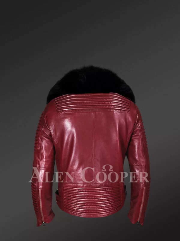 Wine Leather Moto Jacket With Fox Fur Collar - Image 5