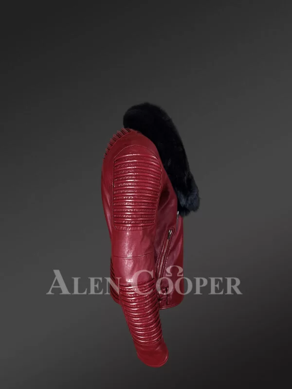 Wine Leather Moto Jacket With Fox Fur Collar - Image 4