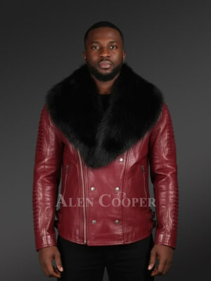 Wine Leather Moto Jacket With Fox Fur Collar