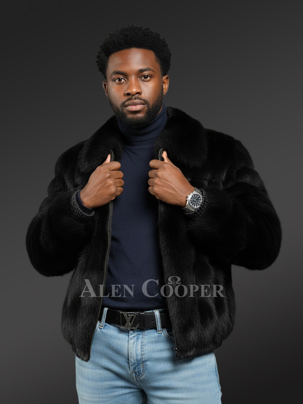 Black Full Skin Mink Fur Bomber Jacket for Men is Stylish and Luxurious
