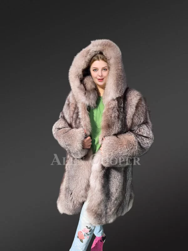 Women Fox Fur Long Coat with Crystal Effect - Image 4