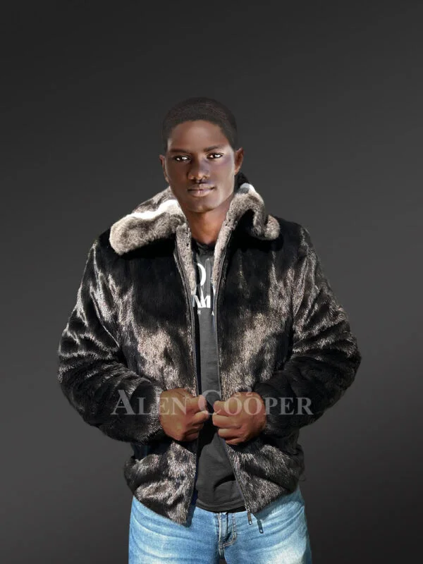 Men Mink Fur Bomber Coat with Chinchilla Collar - Image 2