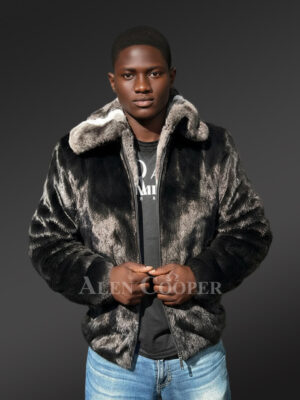 Men Mink Fur Bomber Coat with Chinchilla Collar
