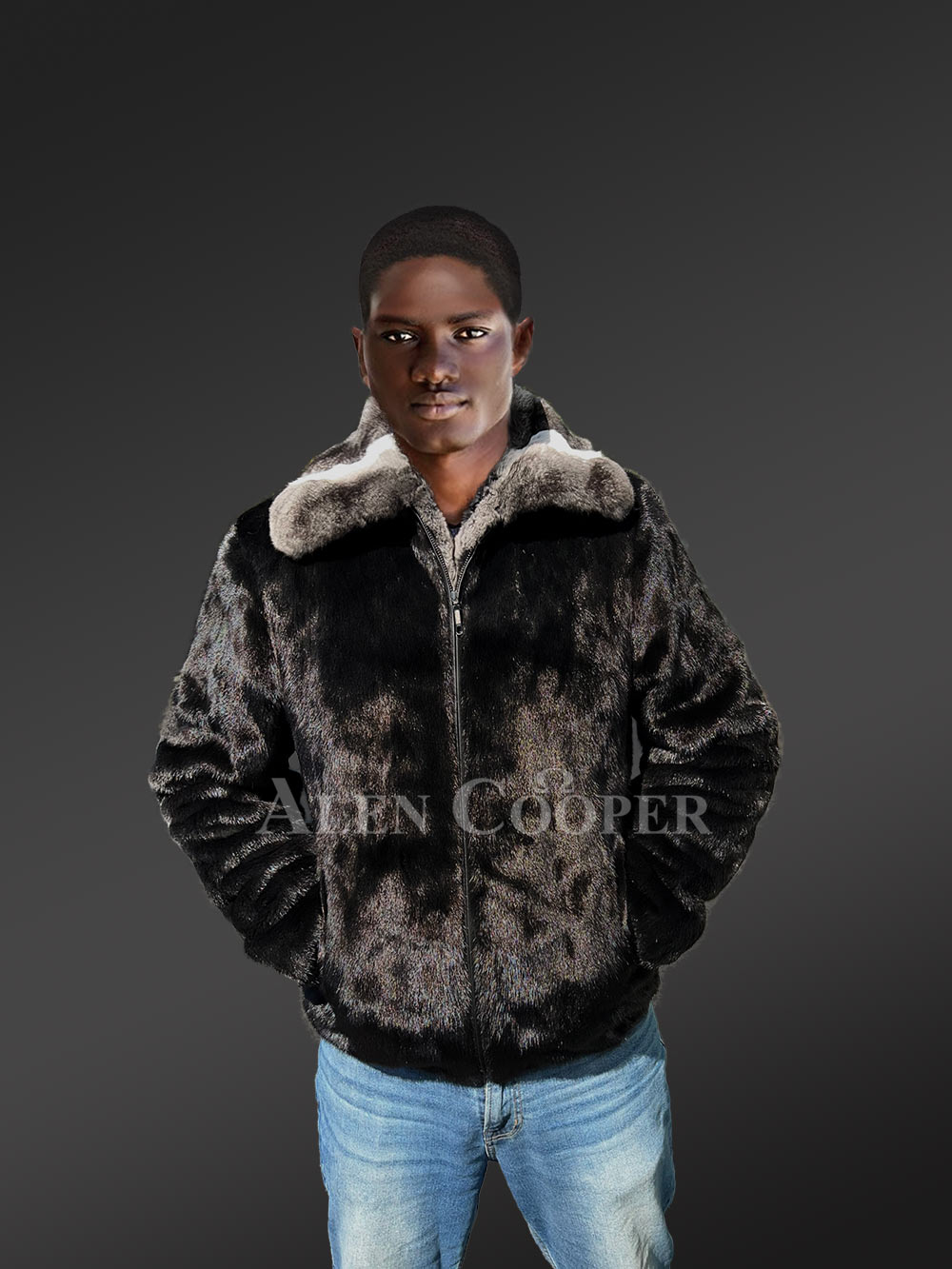 Men Mink Fur Bomber Coat with 
