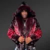 Men Mink Fur Coat With Hood in Burgundy