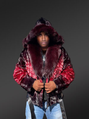 Men Mink Fur Coat With Hood in Burgundy