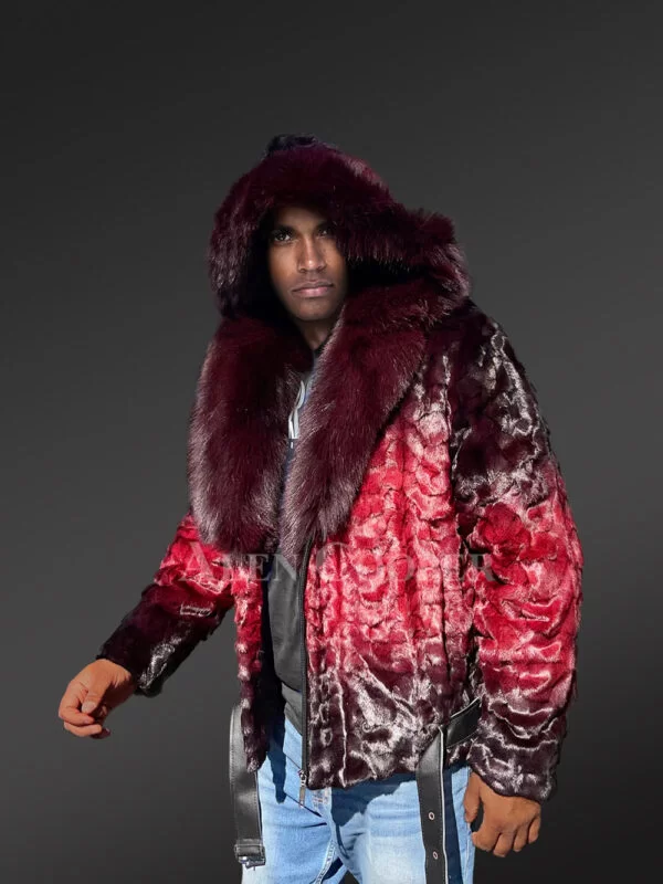 Men Mink Fur Coat with Hood in Burgundy Is an Out-Of-The-Box Outfit - Image 4