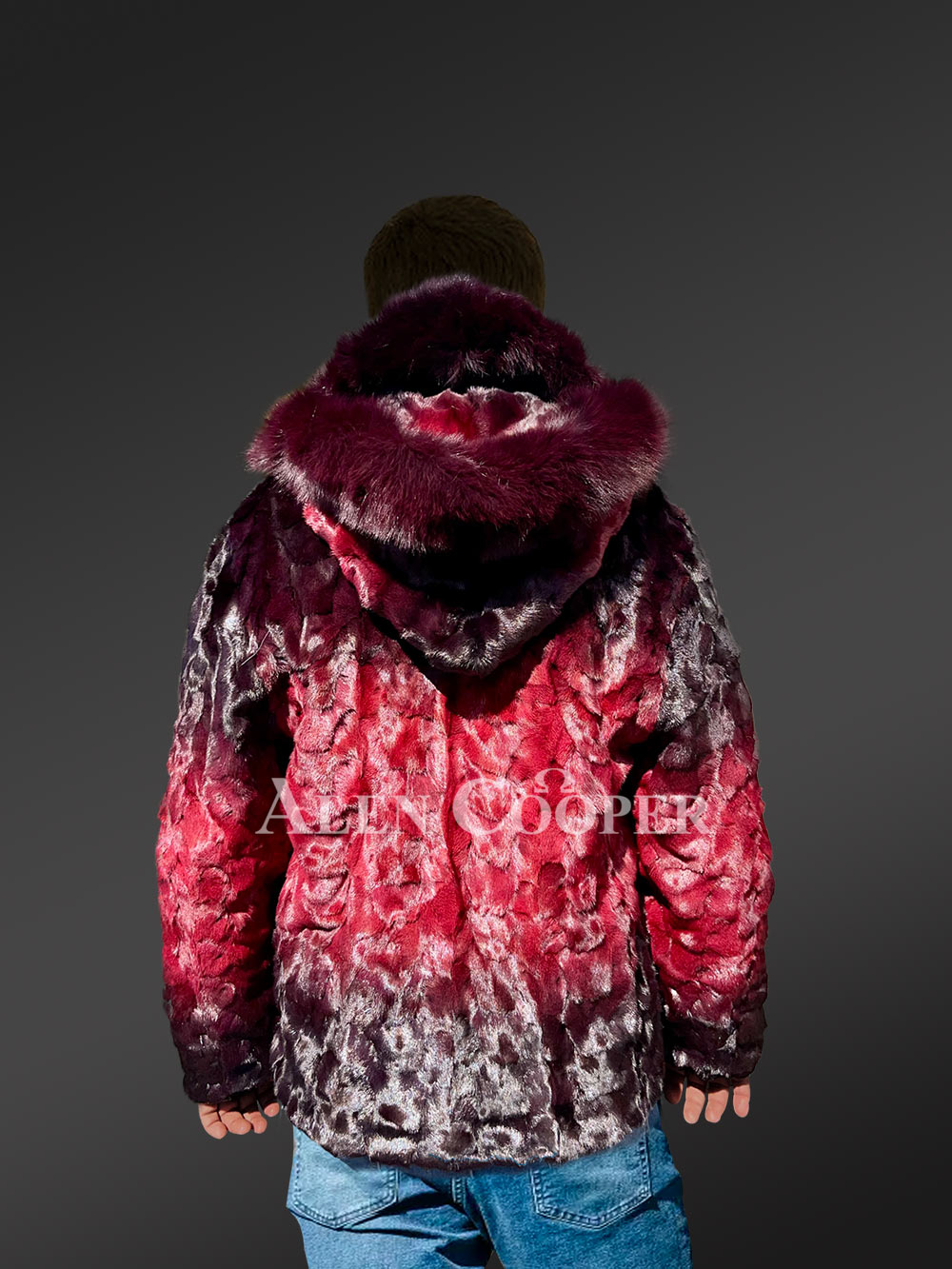 Men Mink Fur Coat With Hood in Burgundy