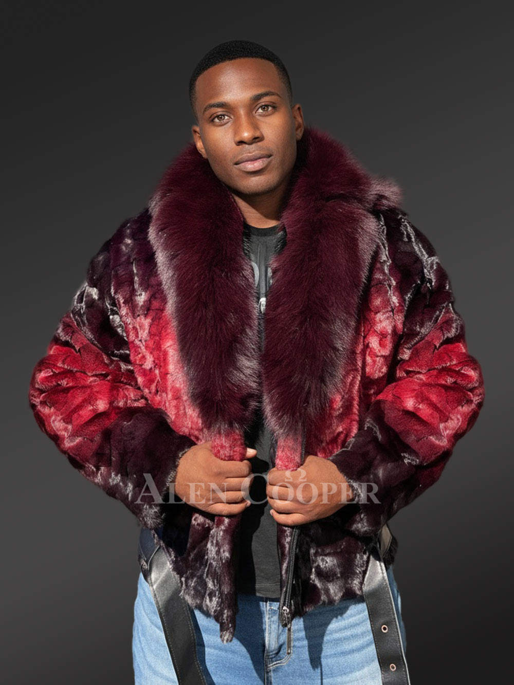 Men Mink Fur Coat with Hood in Burgundy Is an Out-Of-The-Box Outfit